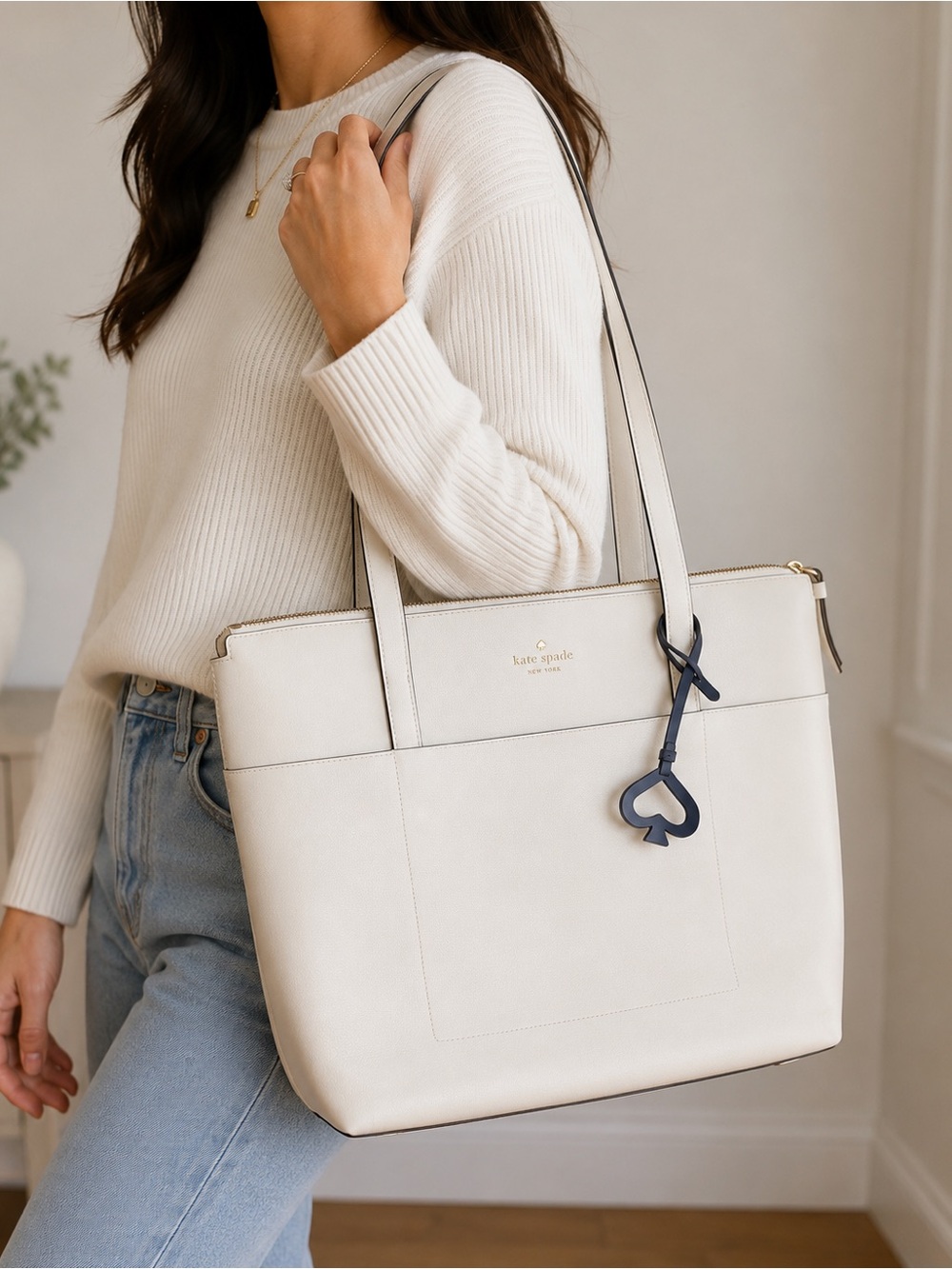 Kate Spade New York Ivory Leather Zip Top Tote